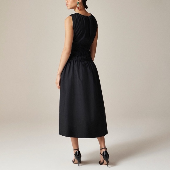 NWT!! J. CREW Hyacinth Dress Smocked Cotton Poplin Black Midi Pockets Small Tall - Picture 9 of 16